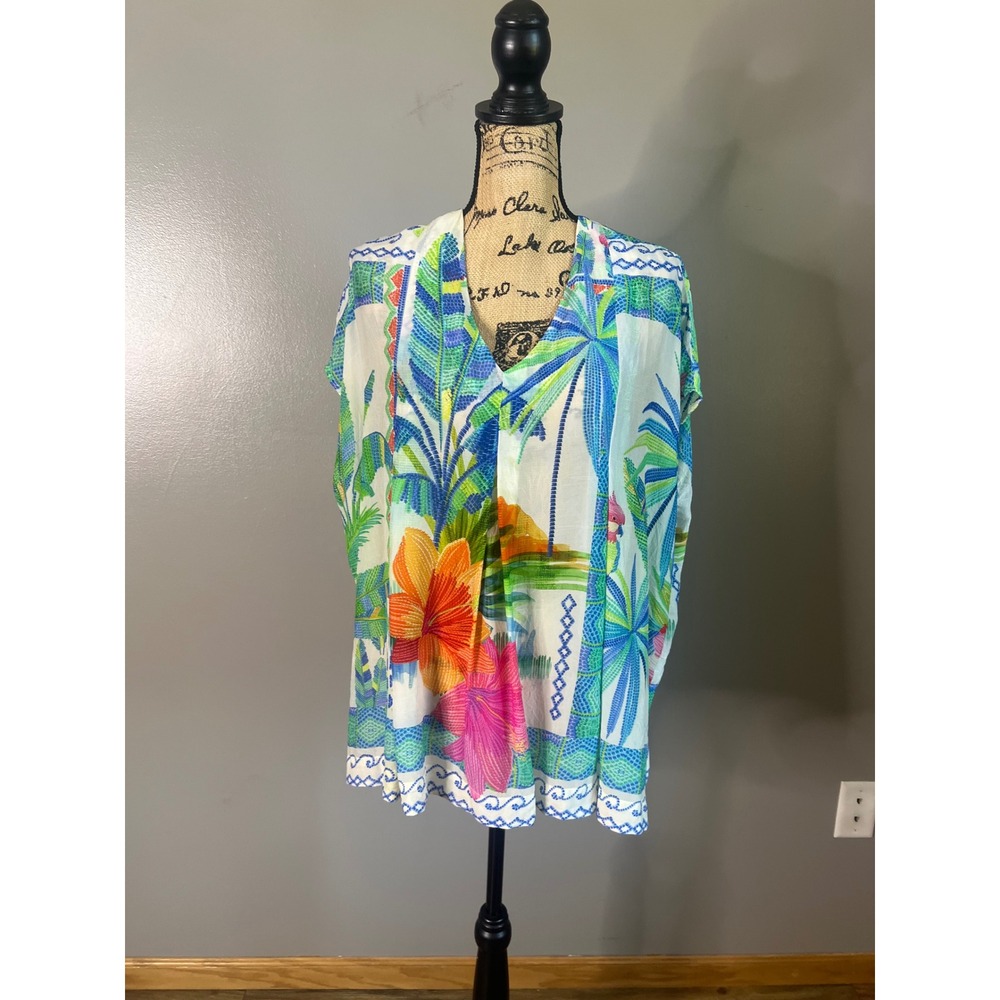 Johnny Was Hana Blouse vibrant floral print V-neckline travel vacation beach - Picture 5 of 10